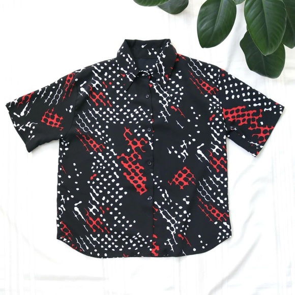 Black, red and white patterned button down blouse - Picture 2 of 8